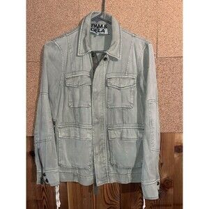 Pam & Gela Full Zip Button Tencel Utility Shirt Cargo Army Green Womens Size P
